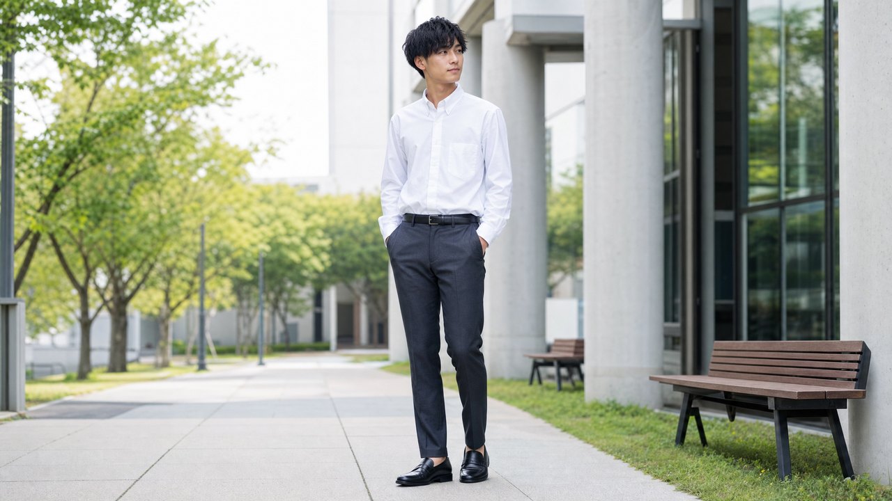 大学生向け白シャツメンズコーデ例 1