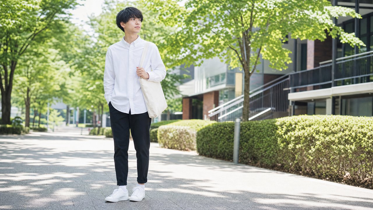 大学生向け白シャツメンズコーデ例 4